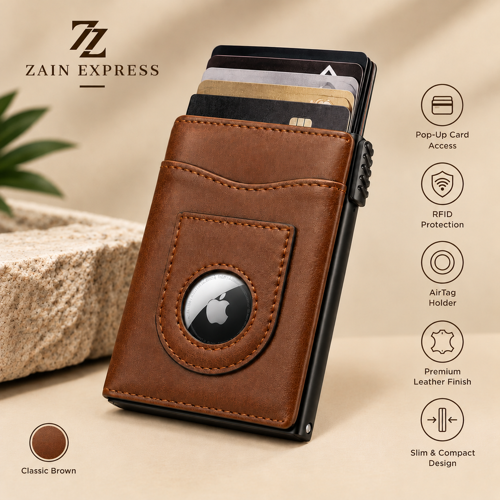 Premium Leather RFID Pop-Up Wallet with AirTag Holder – Slim & Secure Card Holder