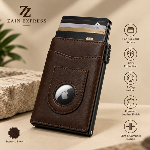 Premium Leather RFID Pop-Up Wallet with AirTag Holder – Slim & Secure Card Holder