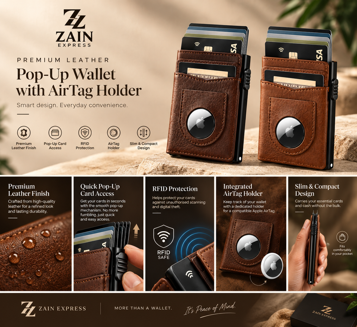 Premium Leather RFID Pop-Up Wallet with AirTag Holder – Slim & Secure Card Holder
